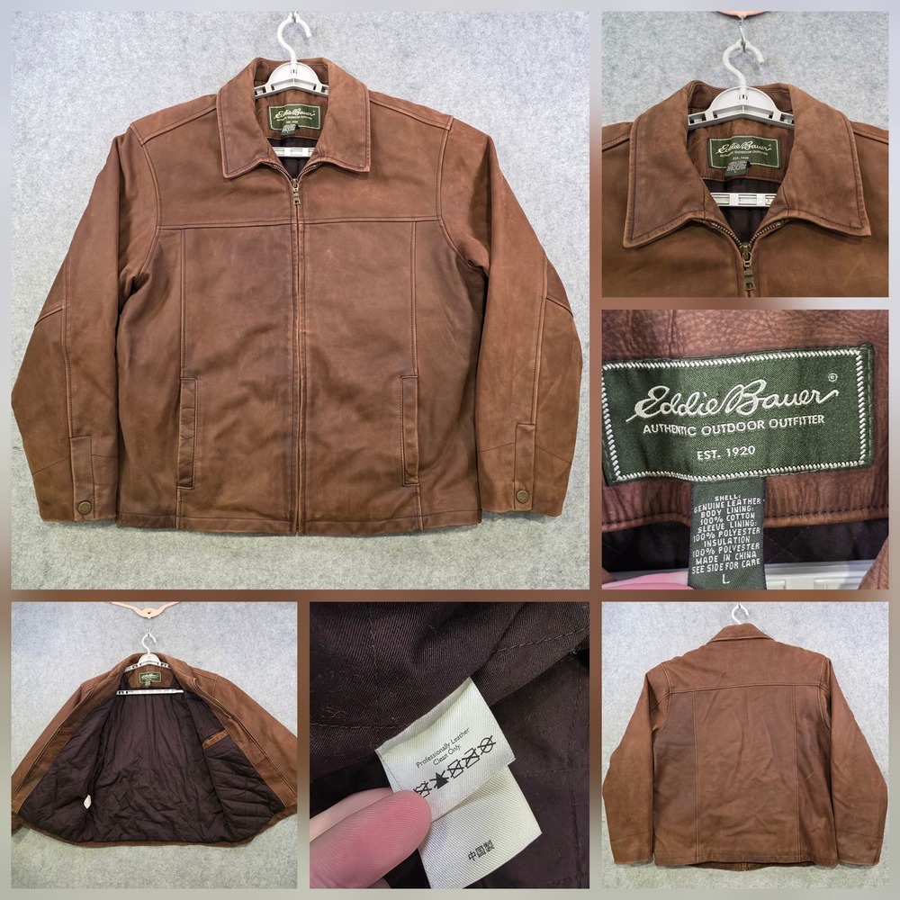 Eddie Bauer Jacket Mens Large Brown Leather Bomber Quilted Insulated Full Zip